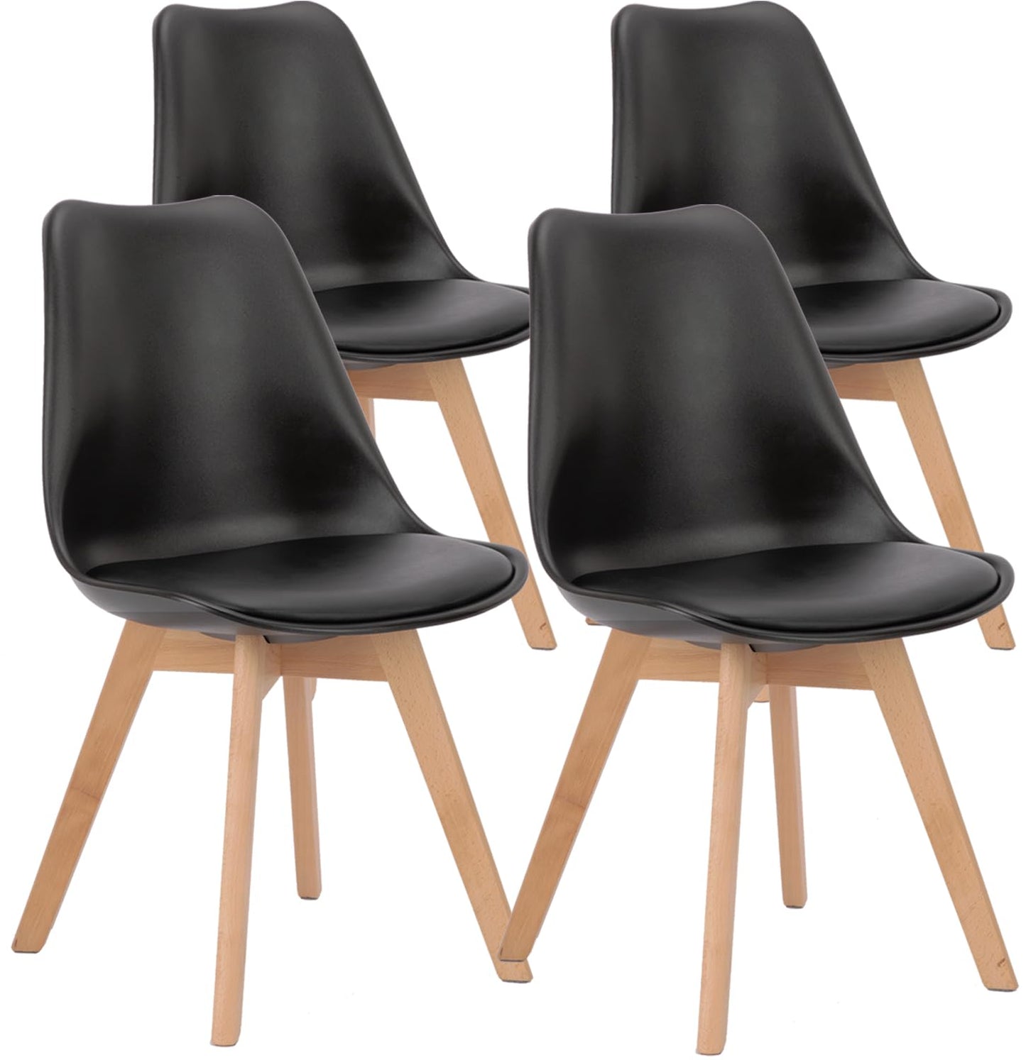 Set of 4 Dining Kitchen Mid-Century Modern Chairs with Wood Legs and PU Leather Cushion