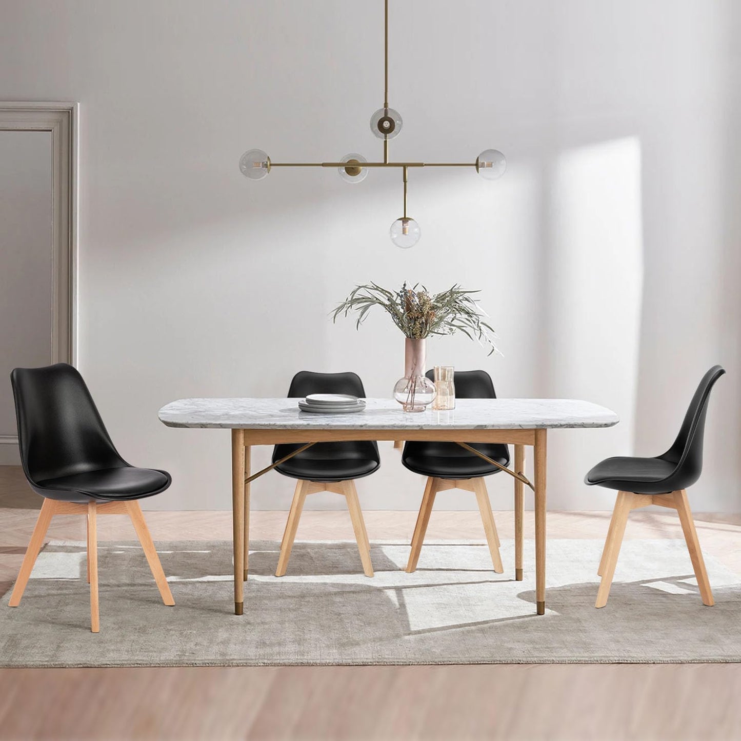 Set of 4 Dining Kitchen Mid-Century Modern Chairs with Wood Legs and PU Leather Cushion